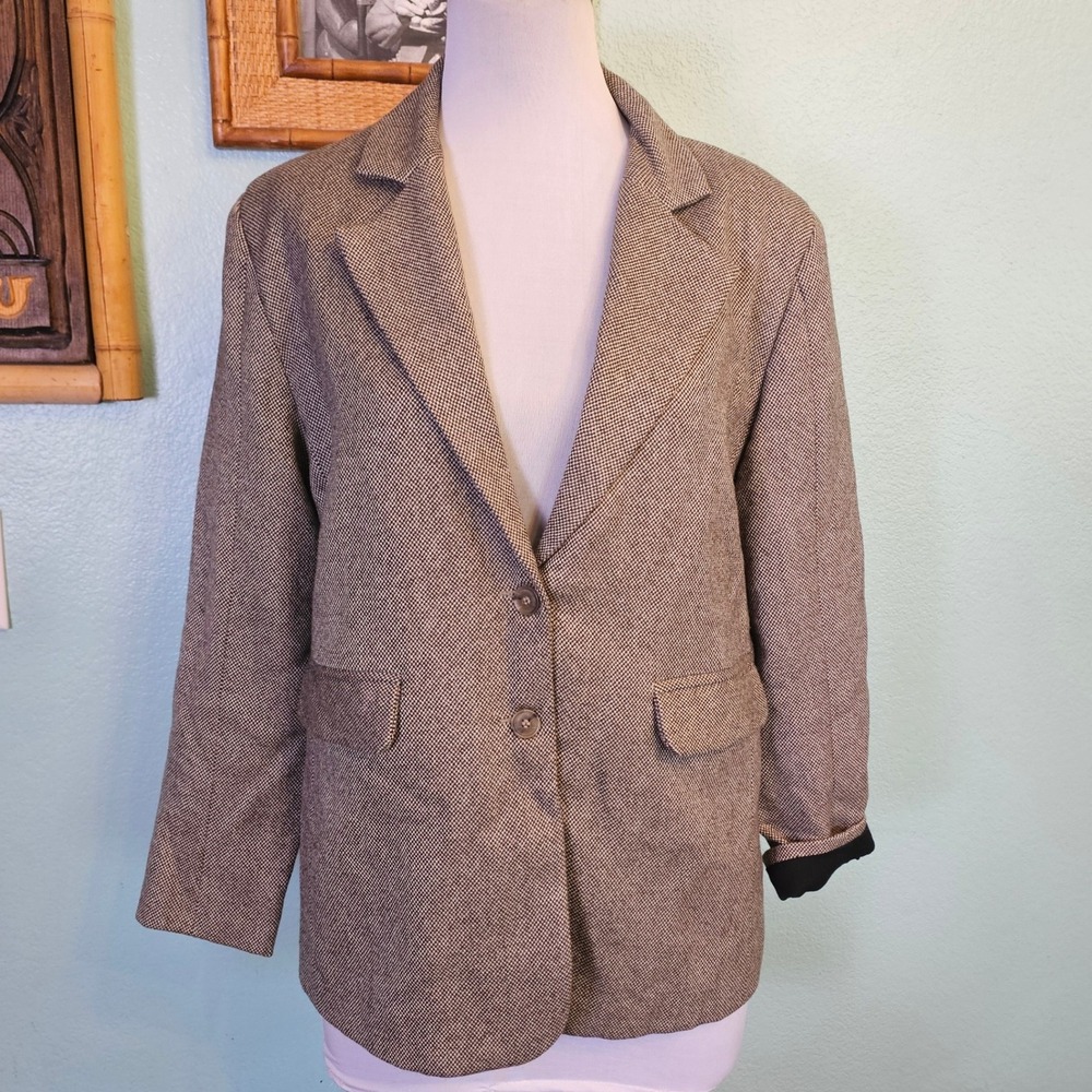 Laude The Label Wool Blazer Jacket‎ L Brown Herringbone Organic Cotton Lined
